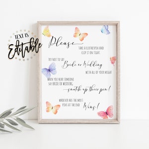 Attività per la festa nuziale a forma di farfalla, cartello "Non dire sposa", gioco delle mollette, farfalle, decorazioni per la festa nuziale, modello modificabile stampabile