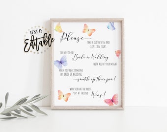Butterfly Bridal Shower Activity, Don't Say Bride Sign, Clothespin Game, Butterflies, Bridal Shower Decor, Printable Editable Template