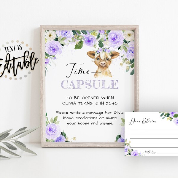 Time Capsule, Purple Floral Highland Cow, Baby Calf, Lavender Floral, Girl Baby Shower Decor, Baby Shower Game, Farm Animal,  Baby Calf