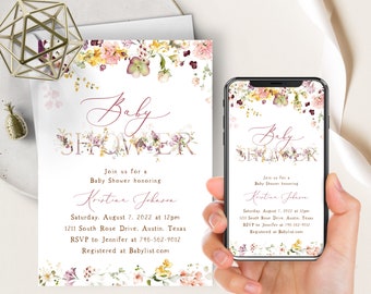 Vildblommor babyshowertelefon Evite+utskrivbar inbjudan, färgglada vårblommor, rodnande dammrosa vildblommor, bohemiska vårblommor, flicka