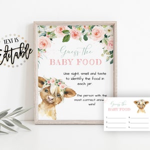 Activité de devinez la nourriture pour bébé à fleurs roses, veau, fleurs rose poudré, cartes et enseignes sur les aliments pour bébés, baby shower pour filles, animal de la ferme