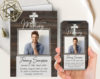 May include: A memorial card and a smartphone display a design with a photo, cross, and text. The card and phone feature a photo of a man, the words "In Loving Memory," and details including a name, dates, and service information.