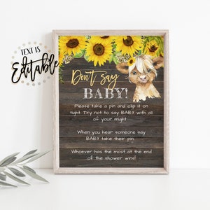 Highland Cow Don&#39;t Say Baby Sign, Clothespin Game, Baby Calf, Sunflowers, Yellow Floral, Rustic Wood, Farm Animals,Barnyard,Girl Baby Shower
