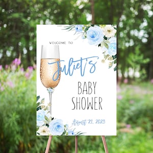 Blue Floral Brunch And Bubbly Welcome Sign, Baby Shower Welcome Poster, Baby Boy, Blue Flowers, Champagne Flute, Brunch Baby Shower