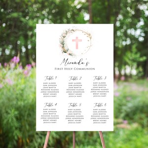 Botanischer Goldrahmen Kommunion Sitzplan, Bearbeitbares Sitzplan Zeichen, Rosa Blumen, Rosa Kreuz, Tischnummern, Erstkommunion Dekor