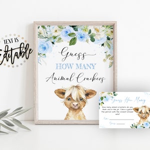 Highland Cow Guess How Many Animal Crackers, Baby Calf, Blue Floral, How Many In The Jar Game, Blue Flowers, Farm, Boy Baby Shower