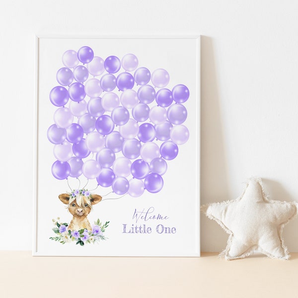 50 Balloons Highland Cow Guestbook, Lavender Floral Watercolor, Baby Calf, Signature Guestbook Poster, Girl Shower Decor, Purple Balloons