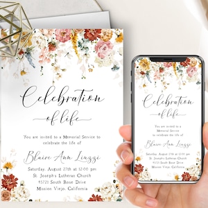 Cottage Floral Celebration Of Life Phone Evite+Printable Invite, Wildflowers, Cottage, Funeral Memorial Announcement For Women, Female