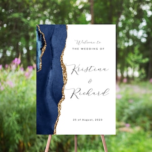 Gold & Navy Blue Welcome Sign, Agate Geode Watercolor, Abstract Minimalist, Gold Glitter, Minimalism, Modern, Navy Wedding, Poster