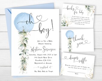 Puede incluir: Una invitación de baby shower azul y blanca con un globo azul y vegetación. La invitación dice "Oh boy!" e incluye el nombre Kristina Sorenson, la fecha y hora de la ducha, y la dirección. También incluye información sobre dónde está registrada la futura mamá.