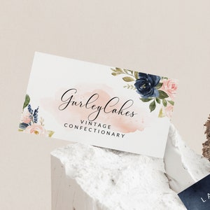 Business Card Template, DIY Self Editable Business Cards, Pink And Navy Floral, Blush Pink And Navy Blue Watercolor, Feminine image 2