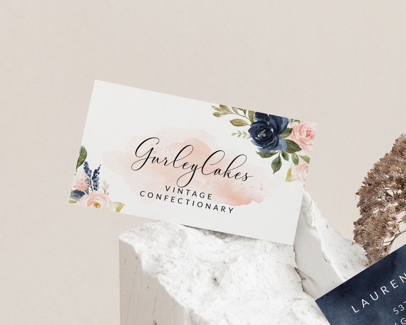 Business Card Template, DIY Self Editable Business Cards, Pink And Navy Floral, Blush Pink And Navy Blue Watercolor, Feminine image 2