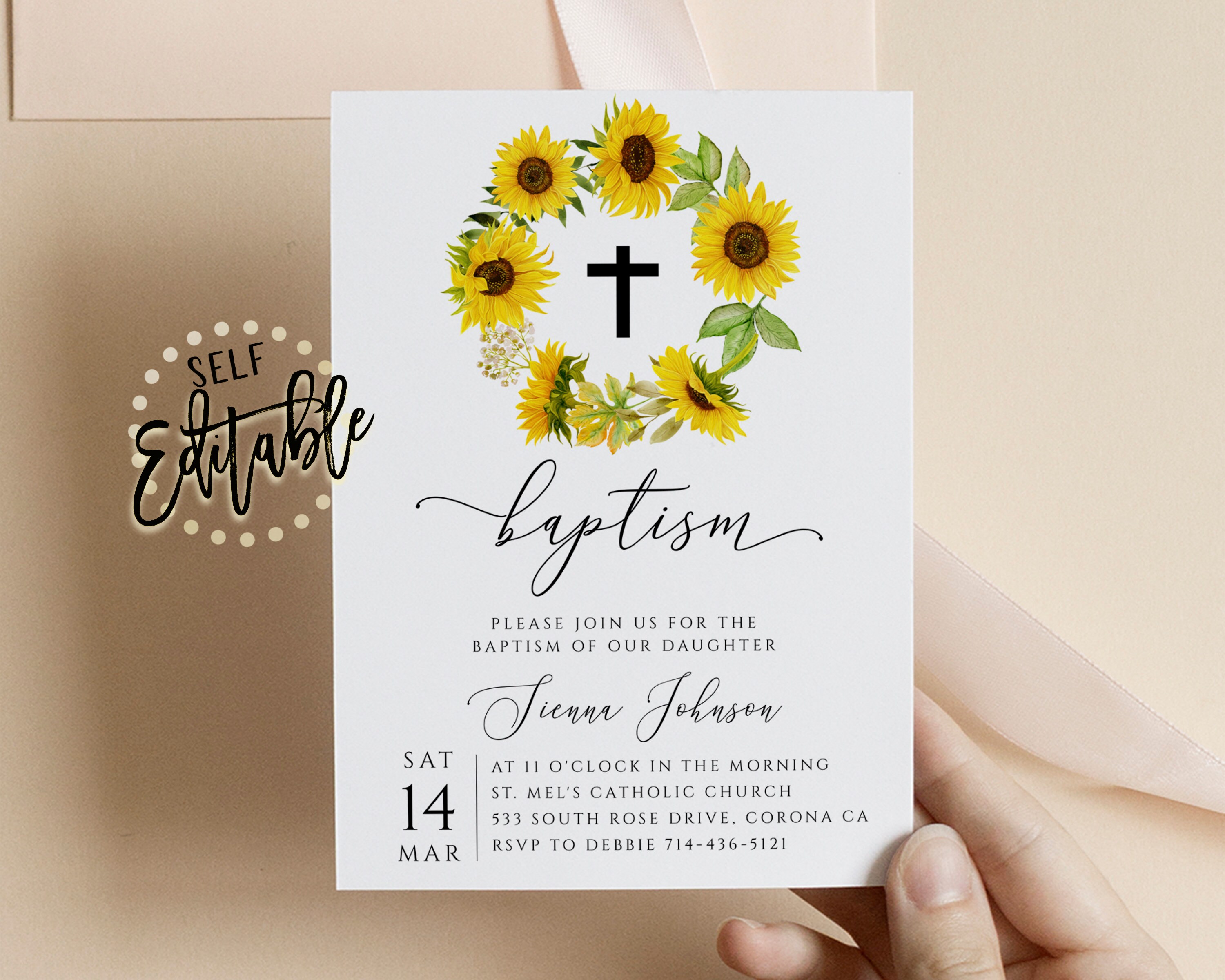 Sunflower Wreath Girl Baptism Invite Christening Invite Etsy
