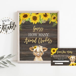 Highland Cow Guess How Many Animal Crackers, Sunflowers, Baby Calf, Yellow Floral, Guess How Many Game, Farm Animal, Girl Baby Shower