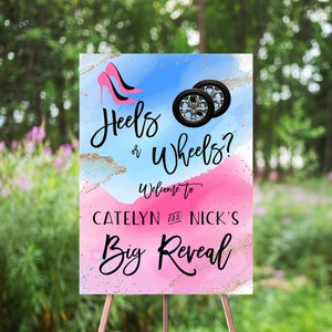 Heels Or Wheels Gender Reveal Welcome Sign, Pink And Blue Watercolor Splash, High Heels, Blue Or Pink, Boy Or Girl, Welcome Poster, Gold