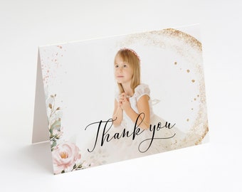 Botanical Frame Thank You Card Template, First Holy Communion, Baptism, Pink Floral, Eucalyptus Succulents, Foldable Thank You Card, Photo