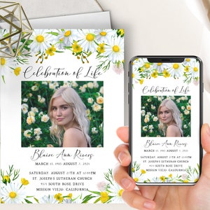 Daisies Celebration Of Life Phone Evite + Printable Invite, White Floral Watercolor, Funeral Memorial Announcement For Women, Funeral
