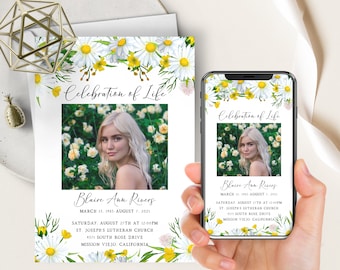 Daisies Celebration Of Life Phone Evite + Printable Invite, White Floral Watercolor, Funeral Memorial Announcement For Women, Funeral