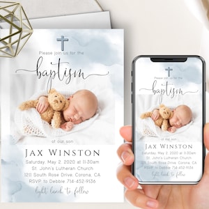 Blue Watercolor Baptism Invite, Insert Photo, Boy Dedication, Dusty Blue, Electronic Digital Invitation, Cross, Text Message Evite, Picture