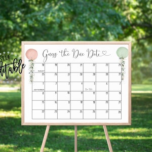 Greenery Balloons Birthday Due Date Calendar, Sage Green, Blush Pink, Prediction Calendar, Gender Reveal Party, Guess Baby's Birthday