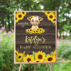 Highland Cow Baby Shower Welcome Sign, Baby Calf, Sunflowers, Yellow Flowers, Rustic Wood Background, Farm Animals, Barnyard, Poster