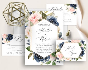 Pink And Navy Floral Wedding Invite Set, Geometric Gold Frame, Blush Pink Floral, Navy Blue Floral, Greenery, Wedding Invitation, Template