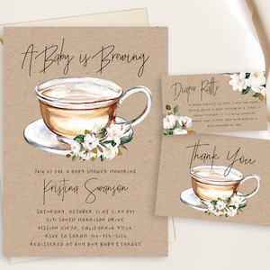 May include: A brown paper card with a teacup and flowers illustration. The text reads "A Baby is Brewing" and includes details for a baby shower honoring Kristina Swanson. The card also includes a separate section for a diaper raffle and a thank you card.