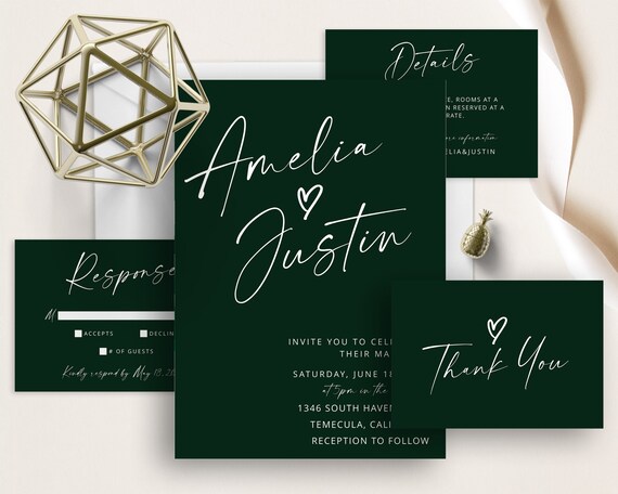 Deep Forest Green Wedding Invite Set, Boho, Minimalist Wedding Invitation, Rustic, Earth Tones, Pampas Grass Floral, Emerald Green, Bohemian