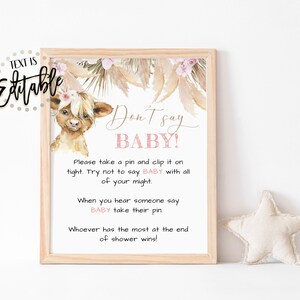 Boho Cow Don't Say Baby Game For Baby Shower - Includes 5x7 Sign & 50 Natural Clothespins, Gender Neutral Decor