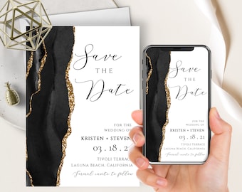 Black Gold Save The Date Phone Evite+Printable Invite, Agate Geode Watercolor, Gold, Electronic Digital, Modern, Minimalist, Elegant,Wedding