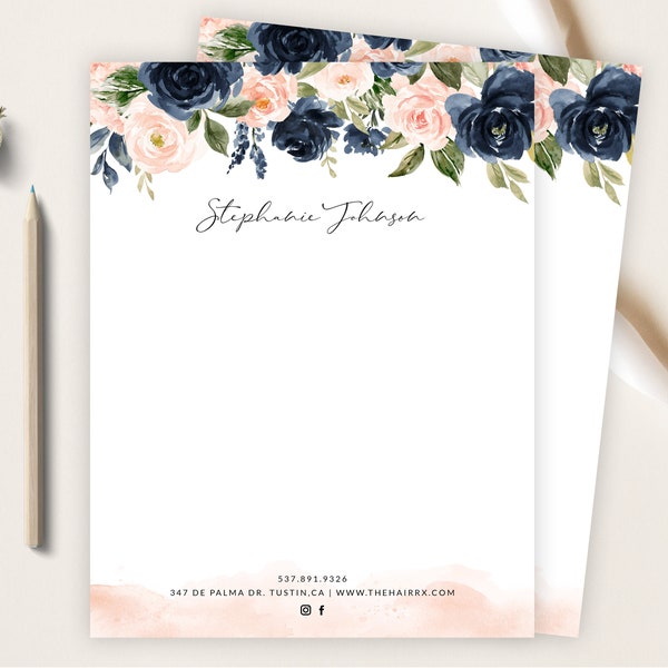 Floral Letterhead Template, Business Stationary, Blush And Navy Floral Watercolor, Self-Editable Custom DIY, Any Business, US Letter Size