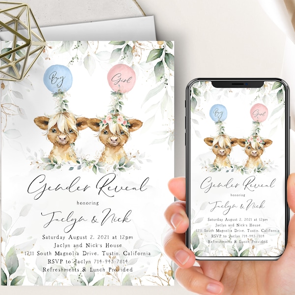 Highland Cow Gender Reveal Phone Evite+Printable Invite, Blue & Pink Balloons, Sage Eucalyptus Greenery, Boy Or Girl, Baby Calf, Cow