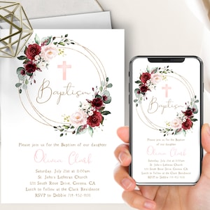 Burgundy Merlot Floral Baptism Phone Evite+Printable Invite, Girl Christening Invite, Blush Pink Marsala Red Roses, Gold Frame, Cross