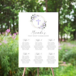 Lavendel bloemen communie zitplaatsen grafiek, paarse bloemen, bewerkbare zitplaatsen plan teken, gouden frame, tafelnummers, 1e communie decor, sjabloon