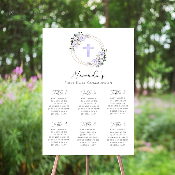 Lavender Floral Communion Seating Chart, Purple Flowers, Editable Seating Plan Sign, Gold Frame, Table Numbers, 1st Communion Decor,Template