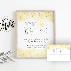 Sunshine Guess The Baby Food Activity, You Are My Sunshine, Baby Food Sign and Cards, Yellow Watercolor Splash, Gold Glitter, Baby Shower