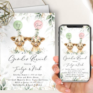 Highland Cow Gender Reveal Phone Evite+Printable Invite, Sage Eucalyptus Greenery, Balloons, Boy Or Girl, Baby Calf, Cow, Reveal Party