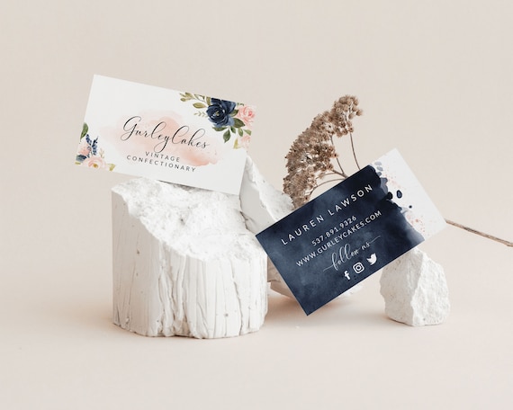 Business Card Template, DIY Self Editable Business Cards, Pink And Navy Floral, Blush Pink And Navy Blue Watercolor, Feminine