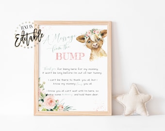 Highland Cow A Message From The Bump, Baby Calf, Blush Pink Floral Watercolor, Pink Flowers, Farm Animals, Barnyard, Baby Shower Sign