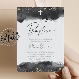 Charcoal Gray Watercolor Splash Baptism Invite, Gold, Boy Christening, Minimalist, Slate Black, Modern Calligraphy, Simple, First Communion