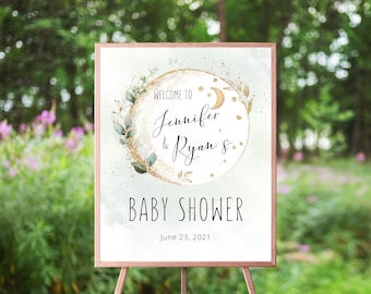 Greenery Botanical Frame Baby Shower Welcome Sign, Over The Moon, Twinkle Little Star, Baby Girl Or Boy, Eucalyptus Succulents Greenery