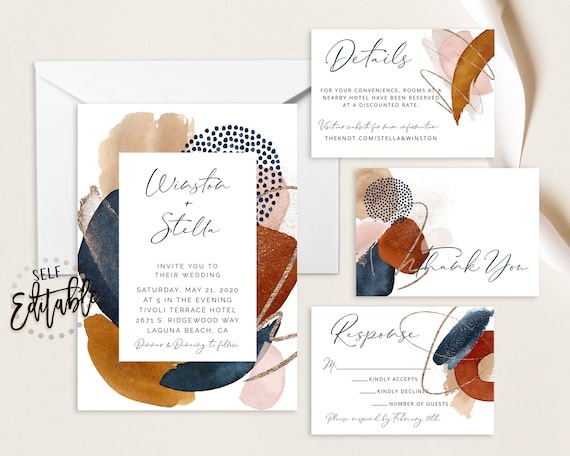Abstract Modern Wedding Invite, Blush Terracotta Navy and Gold Watercolor, Burnt Orange, Organic Shapes, Ivory Beige Wedding Invitation