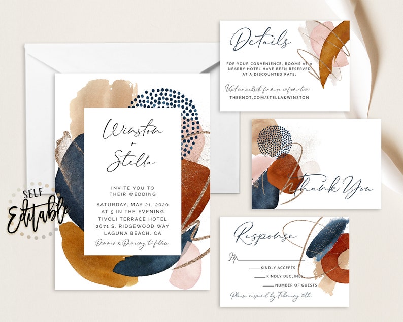 May include: Wedding invitation suite with abstract watercolor designs in shades of blue, brown, pink, and gold. The invitation features the names "Winston + Stella" and details about the wedding. The RSVP card includes a response section for guests to indicate their attendance. The details card provides information about the wedding venue and a website for more details. The thank you card features the text "Thank You" in elegant calligraphy.