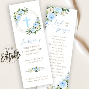 Blue Floral First Communion Prayer Card Template, Bookmark, Boy, Blue Cross Gold Frame, Keepsake, First Holy, Favors, Baptism, Dedication