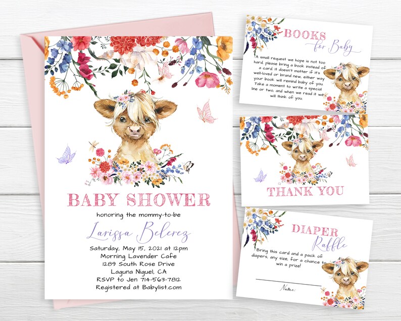 Wildflower Highland Cow Baby Shower Invitation Baby Calf Colorful Spring Flowers Butterflies Cottage Baby Girl Invite