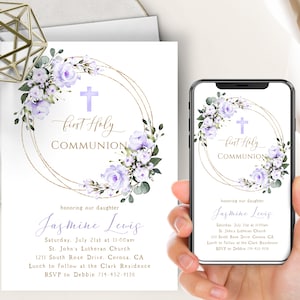 Lavender Floral Communion Phone Evite+Printable Invite, First Holy Communion, Purple Floral, Gold Frame, 1st, Girl, Electronic,Digital