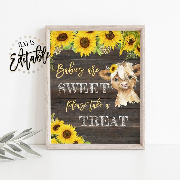 Highland Cow Dessert Table Sign, Babies Are Sweet Take A Treat, Baby Calf, Sunflowers, Yellow Floral, Rustic Wood, Farm Animals, Girl