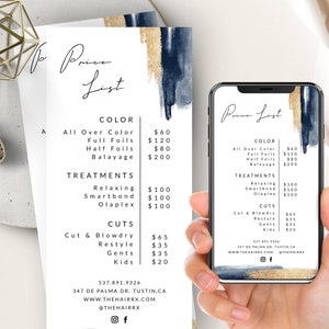 Puede incluir: Una lista de precios para los servicios de salón de belleza con un diseño abstracto azul y dorado. La lista incluye precios para el color, los tratamientos y los cortes. El texto incluye "All Over Color", "Full Foils", "Half Foils", "Balayage", "Relaxing", "Smartbond", "Olaplex", "Cut & Blowdry", "Restyle", "Gents", y "Kids".