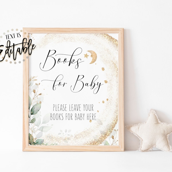 Greenery Botanical Frame Books For Baby Sign, Over The Moon Baby Shower, Twinkle Little Star, Gender Neutral,Eucalyptus Succulents Greenery