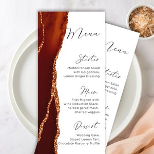 Gebrannte Orange Hochzeitsmenü Vorlage, Terrakotta, Achat Geode Aquarell, Gold, Abstrakt Minimalistisch, Tee Länge, Printable, moderne Kalligraphie
